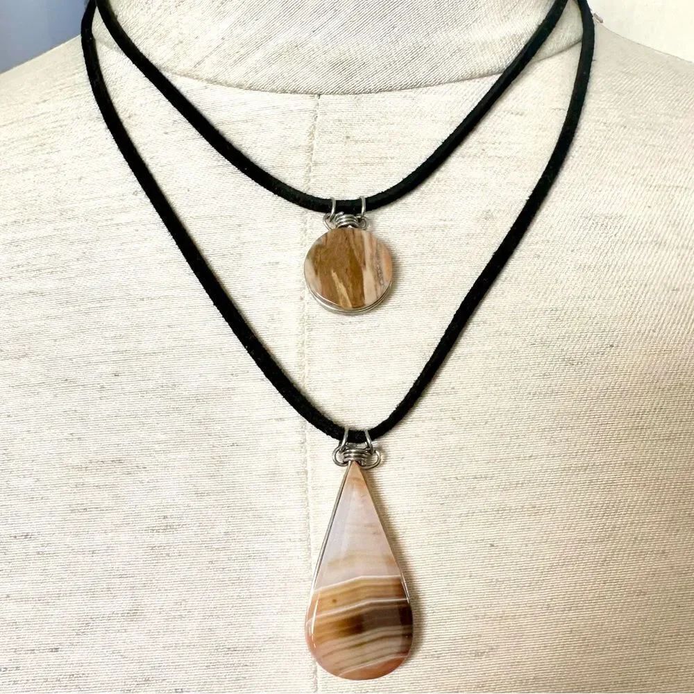 Agate double pendant necklace on black cord